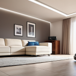 A futuristic home interior with a robot vacuum cleaner autonomously navigating under furniture, showcasing smart sensors and cleaning hard-to-reach places. Focus on conveying the ease and convenience of automatic cleaning with robotic technology. Include elements that suggest a modern Arab household.