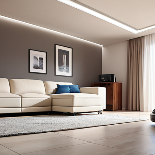 Home 11 A futuristic home interior with a robot vacuum cleaner autonomously navigating under furniture, showcasing smart sensors and cleaning hard-to-reach places. Focus on conveying the ease and convenience of automatic cleaning with robotic technology. Include elements that suggest a modern Arab household.