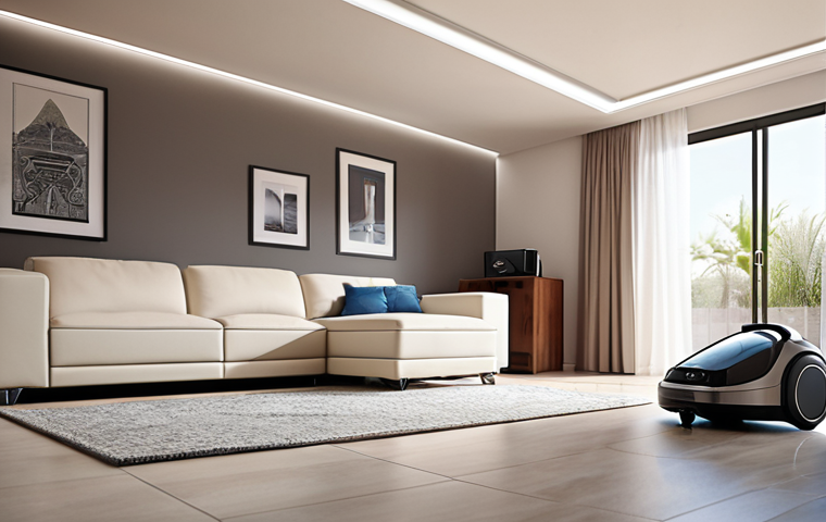 A futuristic home interior with a robot vacuum cleaner autonomously navigating under furniture, showcasing smart sensors and cleaning hard-to-reach places. Focus on conveying the ease and convenience of automatic cleaning with robotic technology. Include elements that suggest a modern Arab household.