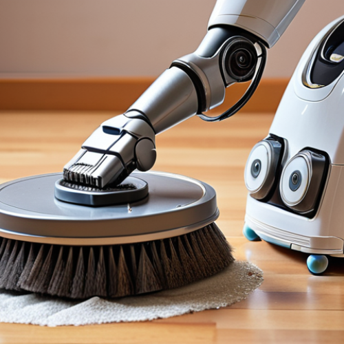 Home 6 **Robot Cleaning Maintenance:** A household robot being cleaned, highlighting the removal of dust and hair from the brushes. Focus on cleanliness and maintenance tools.