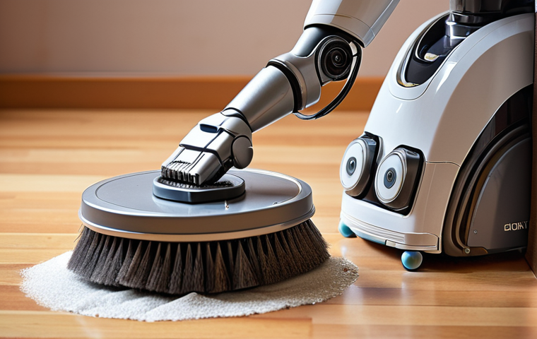 **Robot Cleaning Maintenance:** A household robot being cleaned, highlighting the removal of dust and hair from the brushes. Focus on cleanliness and maintenance tools.