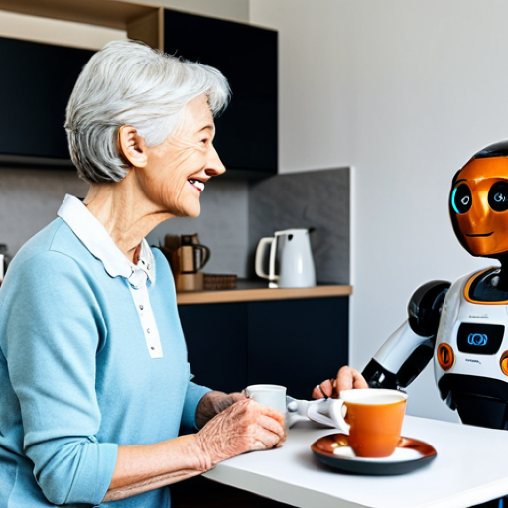 스마트 홈 로봇의 미래 전망 - Smart Home Robot Companion**
"A fully clothed, friendly-looking humanoid robot assisting a senior w...