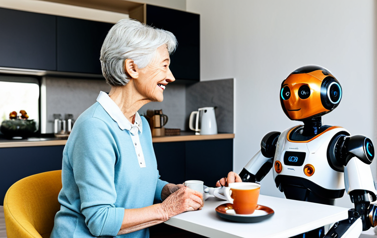 스마트 홈 로봇의 미래 전망 - Smart Home Robot Companion**
"A fully clothed, friendly-looking humanoid robot assisting a senior w...