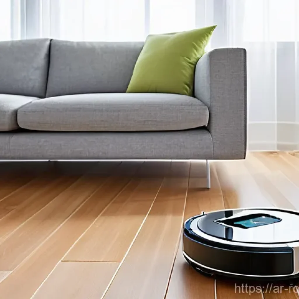 가정에서의 로봇 활용의 장점 - **Prompt: A sleek, modern robot vacuum cleaner effortlessly glides across a polished light-colored w...