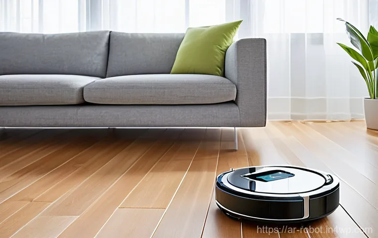 가정에서의 로봇 활용의 장점 - **Prompt: A sleek, modern robot vacuum cleaner effortlessly glides across a polished light-colored w...