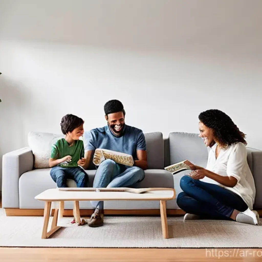 가정용 로봇의 기술 혁신 사례 - **Prompt:** A cozy, modern living room filled with warm, natural light. A family (mother, father, an...