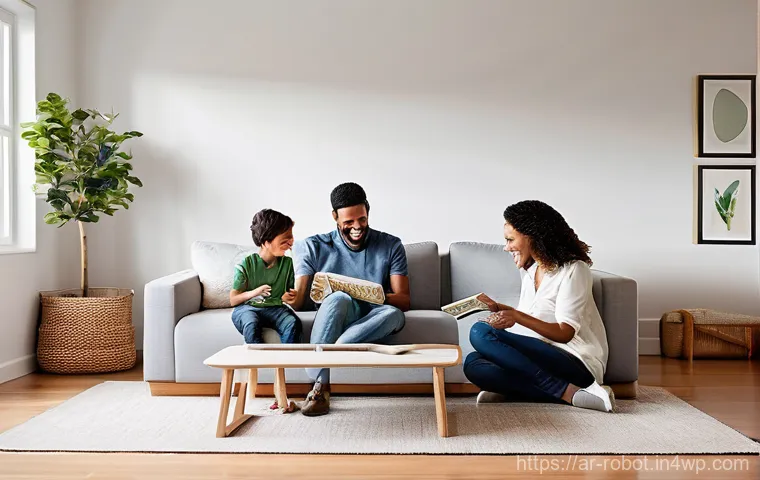 가정용 로봇의 기술 혁신 사례 - **Prompt:** A cozy, modern living room filled with warm, natural light. A family (mother, father, an...