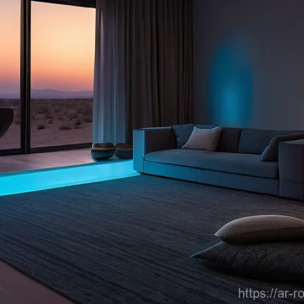로봇 기술과 가정의 안전성 증진 - A wide shot of a serene, modern Arabian living room at twilight, bathed in soft, warm ambient light....
