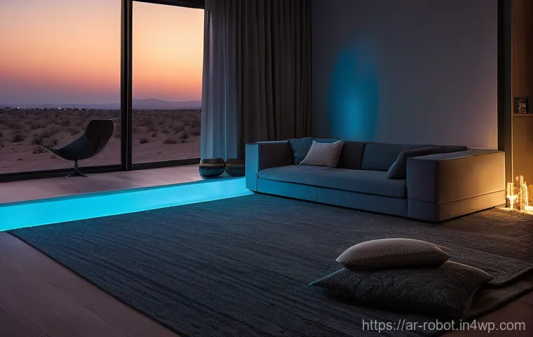 로봇 기술과 가정의 안전성 증진 - A wide shot of a serene, modern Arabian living room at twilight, bathed in soft, warm ambient light....