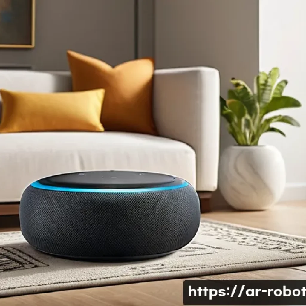 스마트 스피커와 로봇의 통합 활용 - A modern Middle Eastern living room showcasing seamless integration of smart home devices: an elegan...