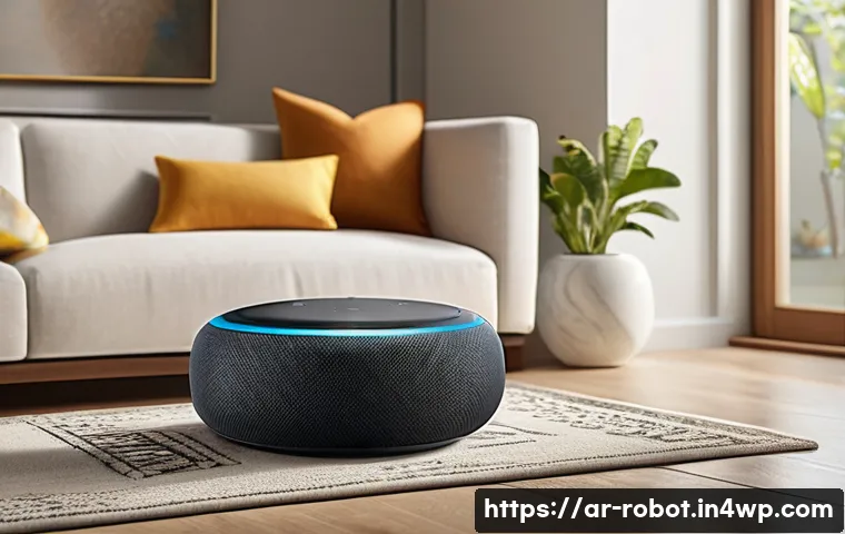 스마트 스피커와 로봇의 통합 활용 - A modern Middle Eastern living room showcasing seamless integration of smart home devices: an elegan...