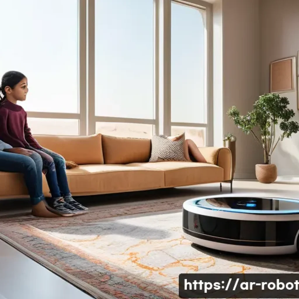 가정에서 로봇 활용의 트렌드 변화 - A modern Arabic family living room scene featuring a sleek smart vacuum robot autonomously cleaning ...