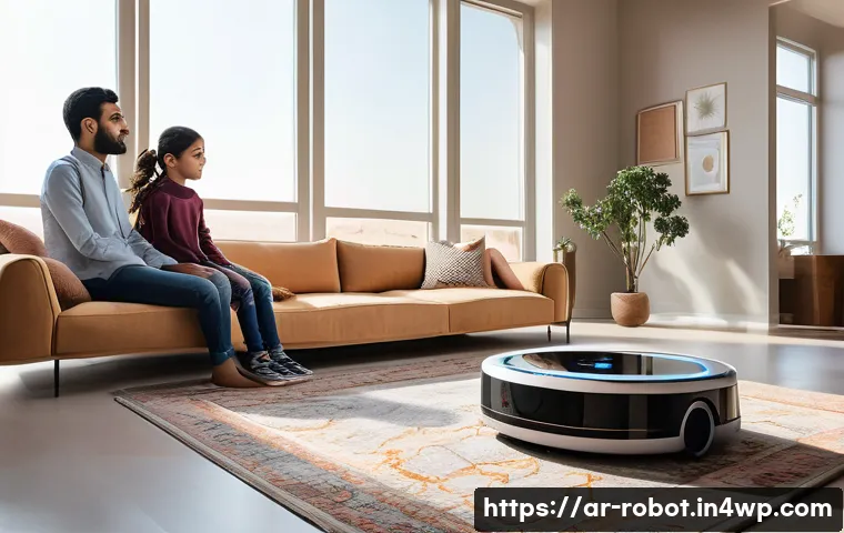가정에서 로봇 활용의 트렌드 변화 - A modern Arabic family living room scene featuring a sleek smart vacuum robot autonomously cleaning ...