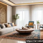 Home 22 가정용 로봇의 발전 및 출장 활용 사례 - A modern Arabic home interior featuring a smart multifunctional household robot with sleek white and...