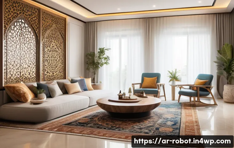 가정용 로봇의 발전 및 출장 활용 사례 - A modern Arabic home interior featuring a smart multifunctional household robot with sleek white and...