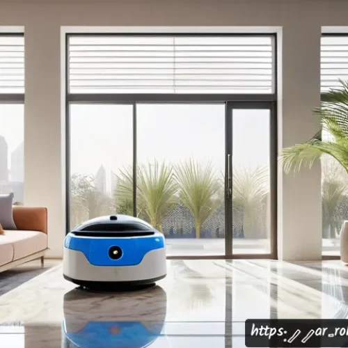Home 33 로봇 공학의 가정 내 적용 방향 - A sleek, compact smart cleaning robot designed for modern Middle Eastern homes, navigating smoothly ...