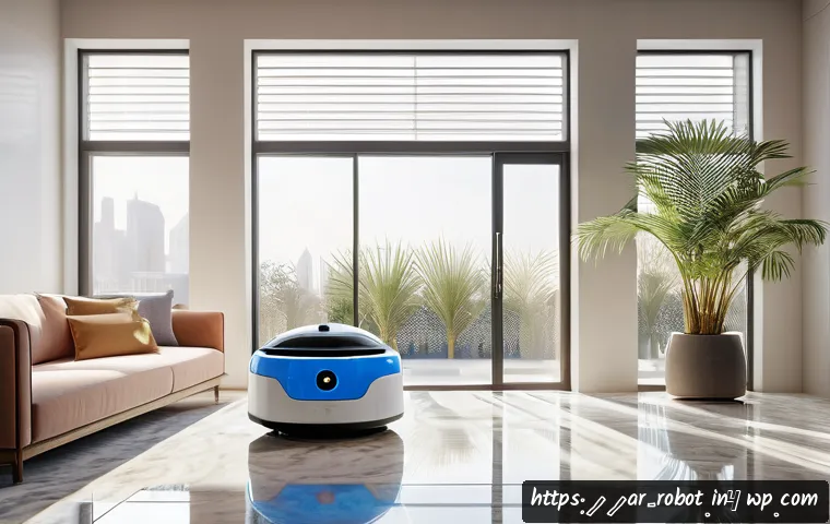 로봇 공학의 가정 내 적용 방향 - A sleek, compact smart cleaning robot designed for modern Middle Eastern homes, navigating smoothly ...