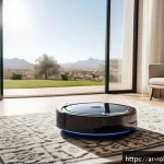 Home 20 가정용 로봇의 기술적 요건 - A sleek, modern home robot vacuum cleaner navigating an elegantly furnished Arabic living room with ...