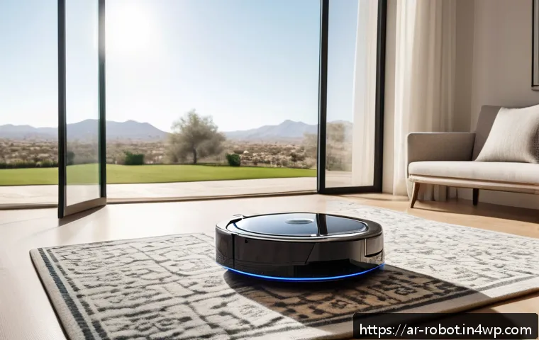 가정용 로봇의 기술적 요건 - A sleek, modern home robot vacuum cleaner navigating an elegantly furnished Arabic living room with ...