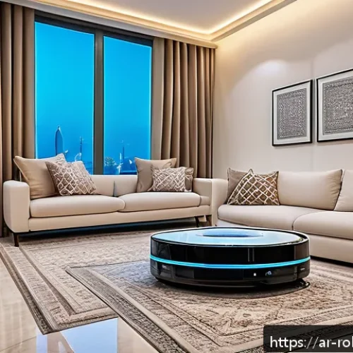 Home 31 가정에서의 로봇 활용의 장점과 단점 - A modern Arab family living room scene showcasing a sleek robotic vacuum cleaner operating efficient...