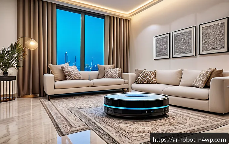 가정에서의 로봇 활용의 장점과 단점 - A modern Arab family living room scene showcasing a sleek robotic vacuum cleaner operating efficient...