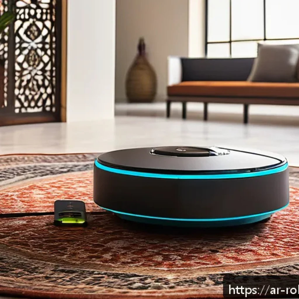 로봇을 활용한 가사 노동의 변화 - A modern Middle Eastern living room featuring a sleek, smart home robot vacuum cleaner actively navi...