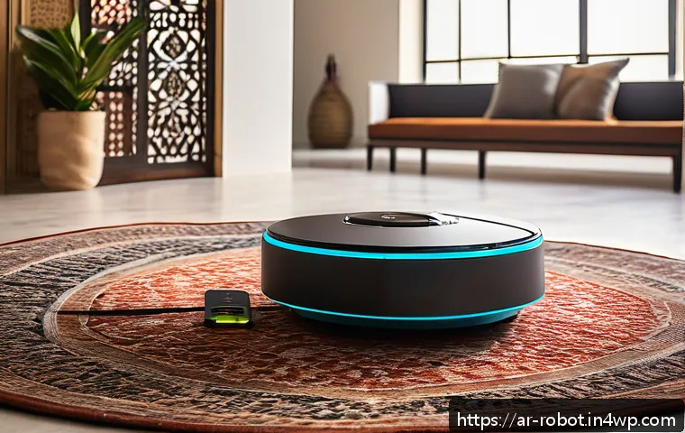 로봇을 활용한 가사 노동의 변화 - A modern Middle Eastern living room featuring a sleek, smart home robot vacuum cleaner actively navi...