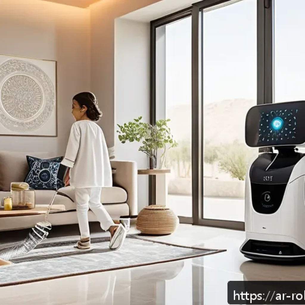 로봇 기술이 바꾸는 가정의 모습 - A modern Middle Eastern family living room with advanced home robots: a smart vacuum cleaner navigat...