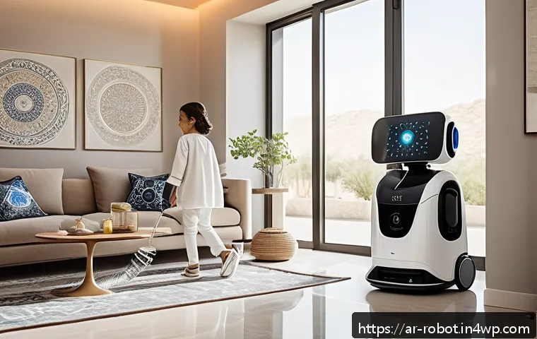 로봇 기술이 바꾸는 가정의 모습 - A modern Middle Eastern family living room with advanced home robots: a smart vacuum cleaner navigat...