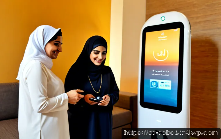 가정용 로봇의 사용자 인터페이스 개선 - Photorealistic modern Arab family living room, a friendly compact home service robot displaying a la...